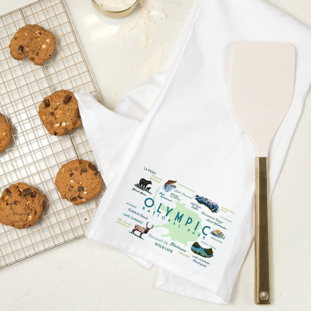 Olympic National Park, Washington, Typography and Icons, Organic Cotton Kitchen Tea Towels Kitchen Lantern Press 