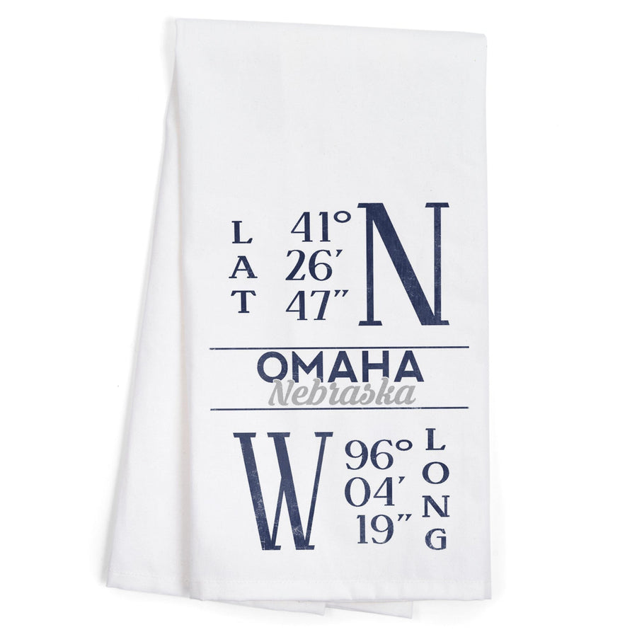 Omaha, Nebraska, Latitude and Longitude (Blue), Organic Cotton Kitchen Tea Towels Kitchen Lantern Press 