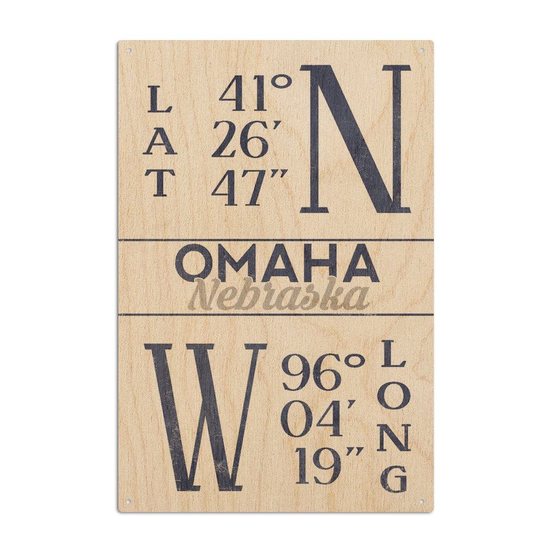 Omaha, Nebraska, Latitude & Longitude (Blue), Lantern Press Artwork, Wood Signs and Postcards Wood Lantern Press 10 x 15 Wood Sign 