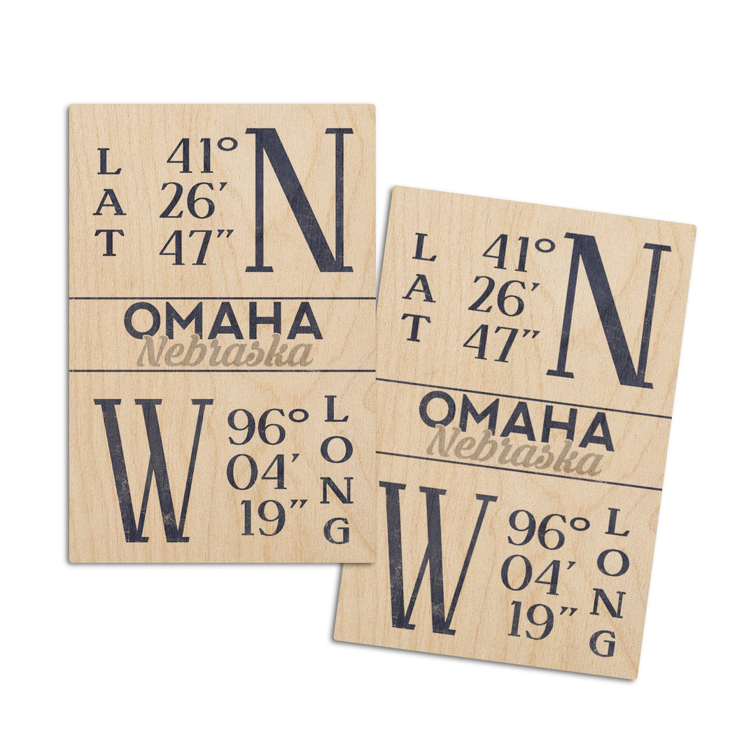Omaha, Nebraska, Latitude & Longitude (Blue), Lantern Press Artwork, Wood Signs and Postcards Wood Lantern Press 4x6 Wood Postcard Set 