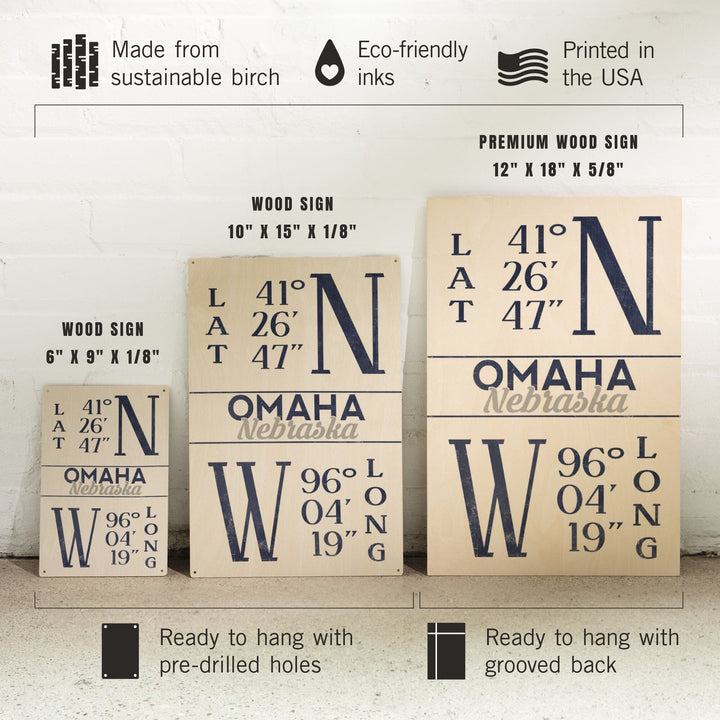 Omaha, Nebraska, Latitude & Longitude (Blue), Lantern Press Artwork, Wood Signs and Postcards Wood Lantern Press 