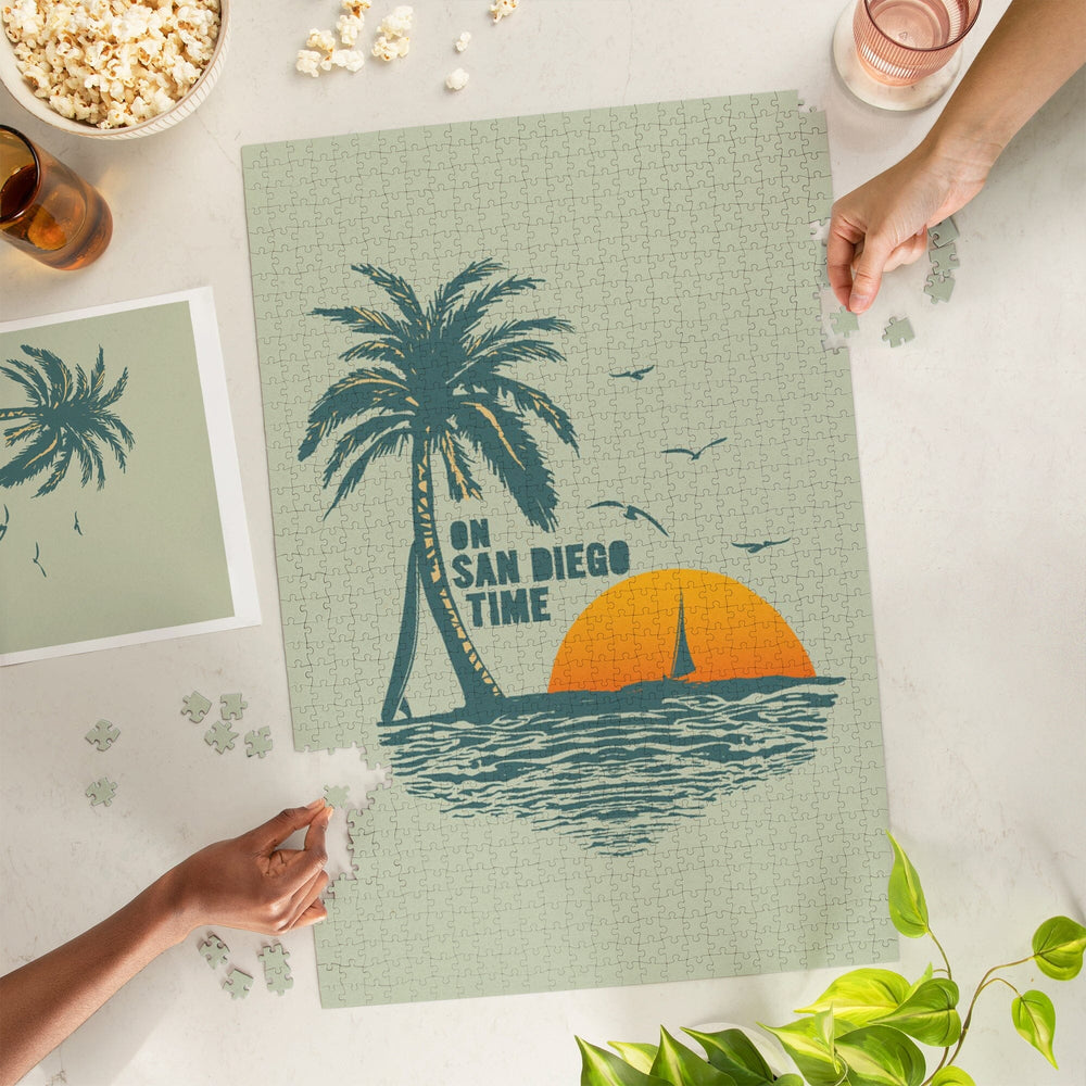 On San Diego Time, Sunset with Palm Tree, Jigsaw Puzzle Puzzle Lantern Press 