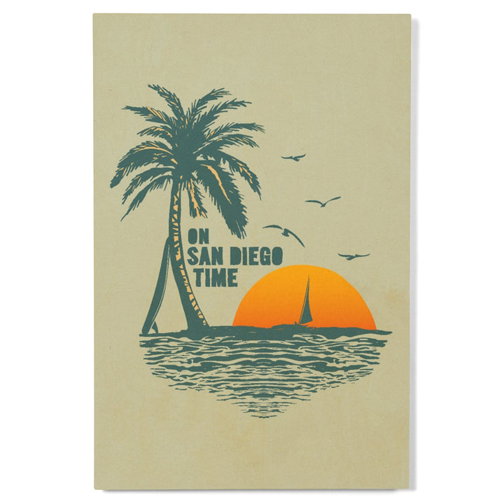 On San Diego Time, Sunset with Palm Tree, Wood Signs and Postcards Wood Lantern Press 