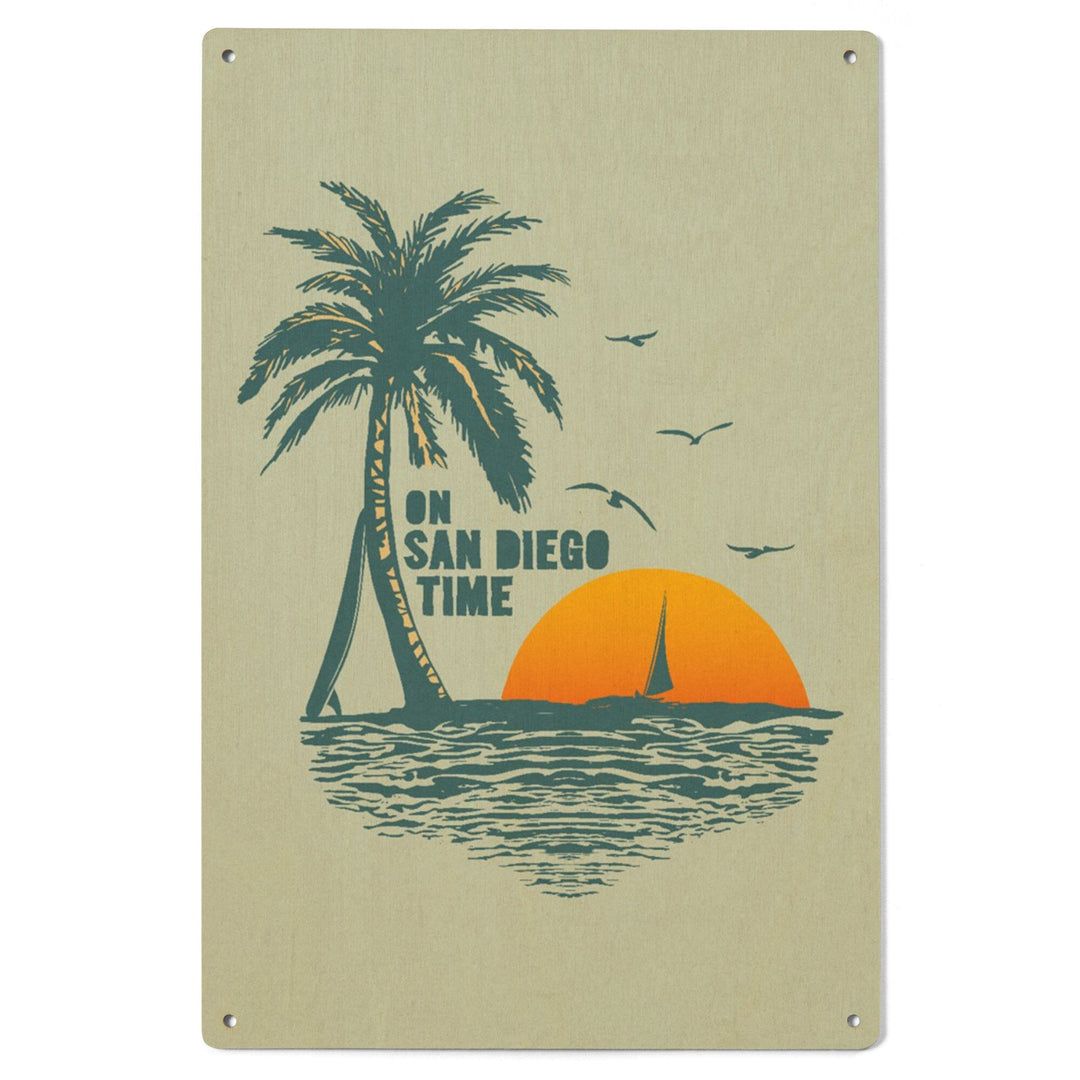 On San Diego Time, Sunset with Palm Tree, Wood Signs and Postcards Wood Lantern Press 