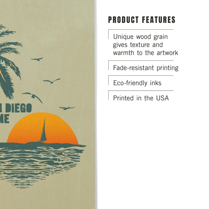 On San Diego Time, Sunset with Palm Tree, Wood Signs and Postcards Wood Lantern Press 