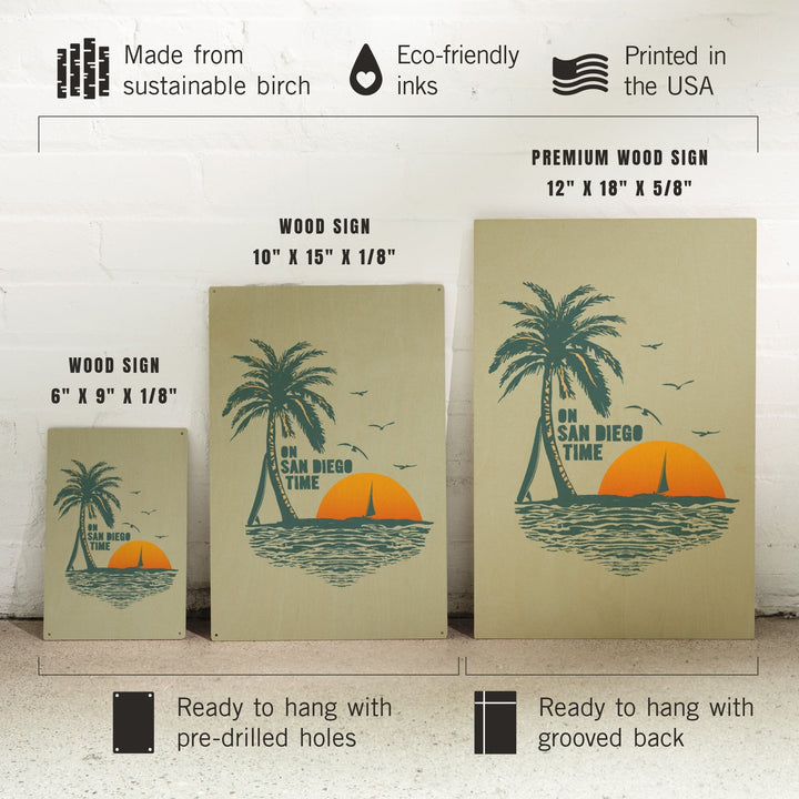 On San Diego Time, Sunset with Palm Tree, Wood Signs and Postcards Wood Lantern Press 