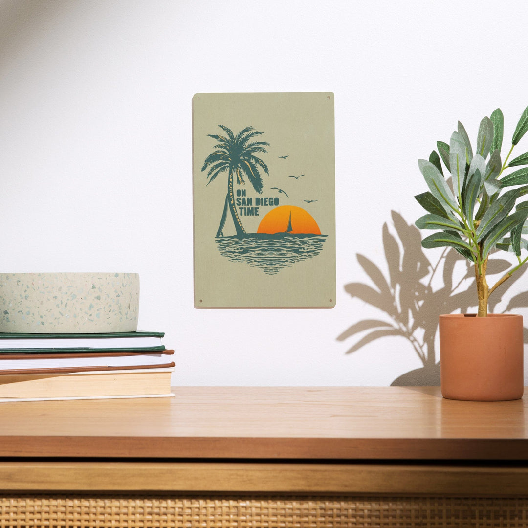 On San Diego Time, Sunset with Palm Tree, Wood Signs and Postcards Wood Lantern Press 