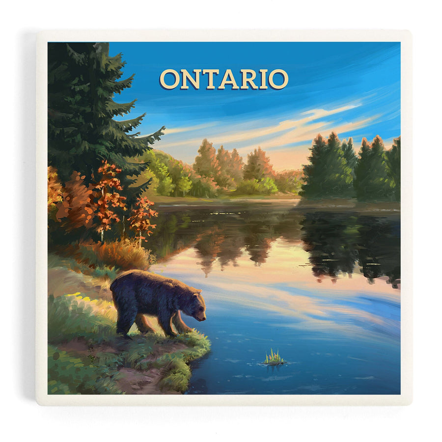 Ontario, Oil Painting, Bear By Lake At Sunrise, Coasters Coasters Lantern Press 