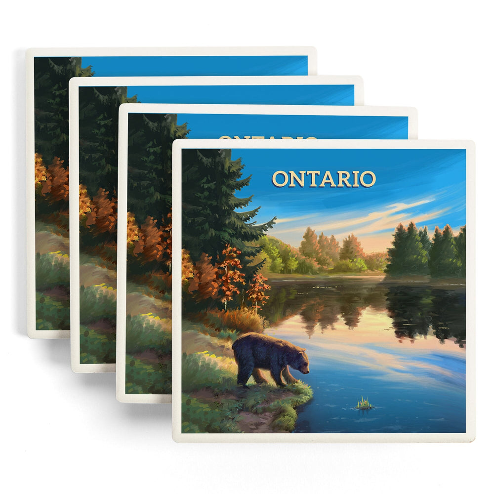 Ontario, Oil Painting, Bear By Lake At Sunrise, Coasters Coasters Lantern Press 