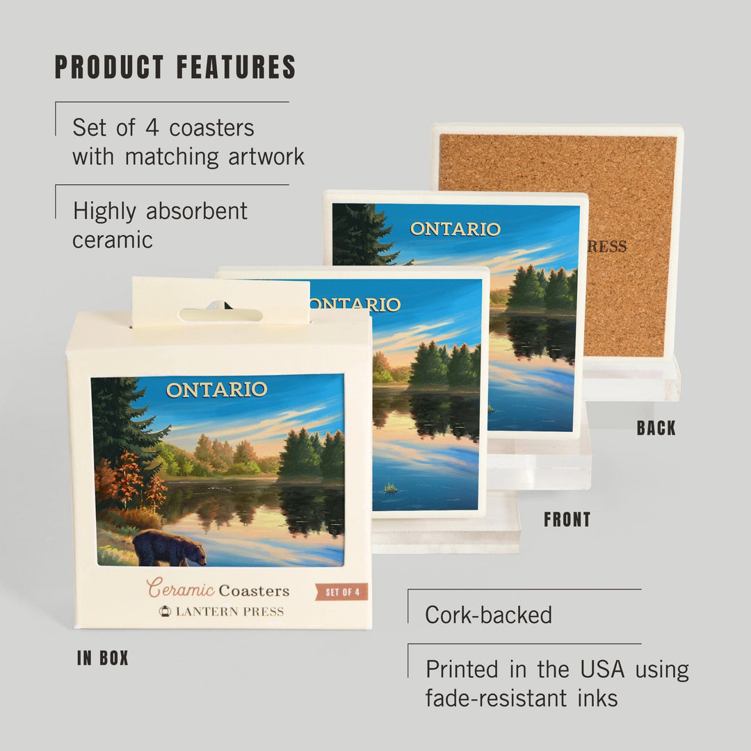 Ontario, Oil Painting, Bear By Lake At Sunrise, Coasters Coasters Lantern Press 