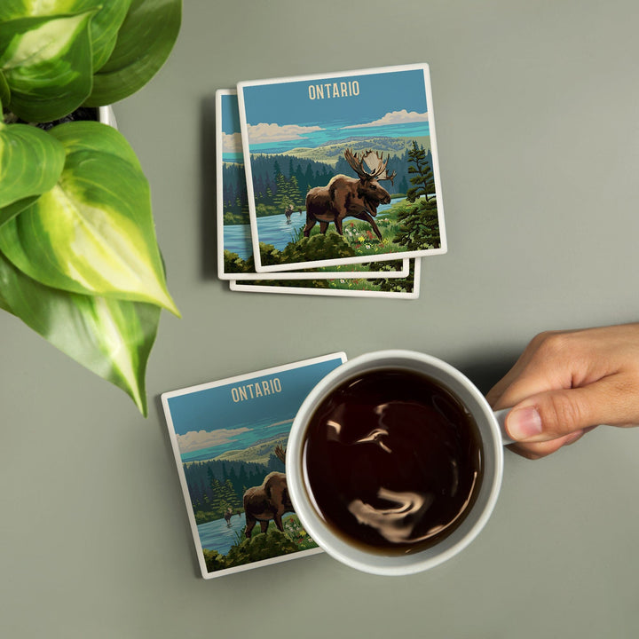 Ontario, Painterly, Moose and Wildflowers, Coasters Coasters Lantern Press 