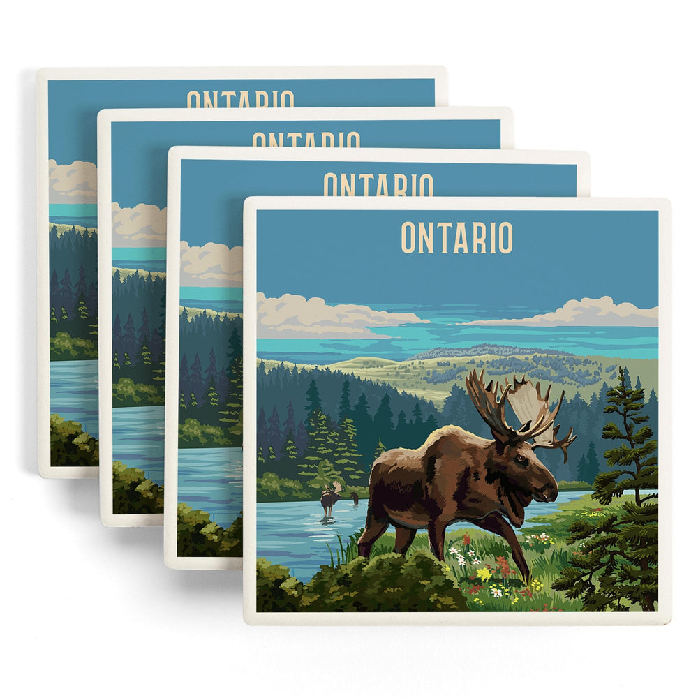 Ontario, Painterly, Moose and Wildflowers, Coasters Coasters Lantern Press 