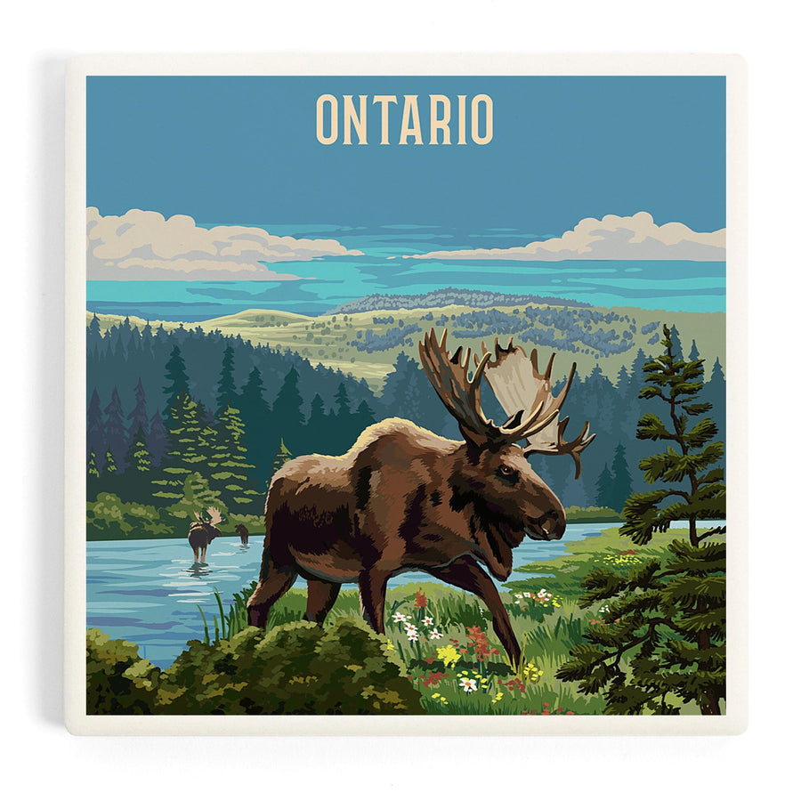 Ontario, Painterly, Moose and Wildflowers, Coasters Coasters Lantern Press 