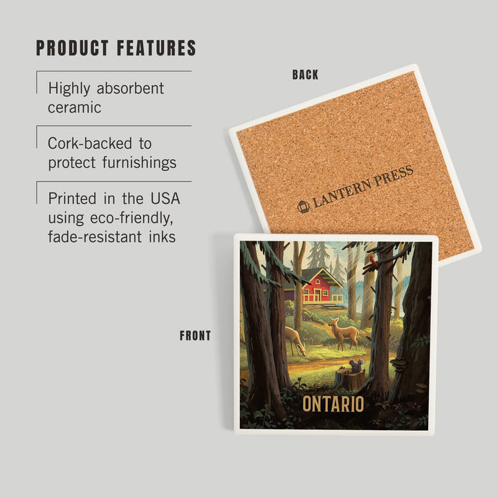 Ontario, Slip Away, Cabin With Wildlife, Coasters Coasters Lantern Press 