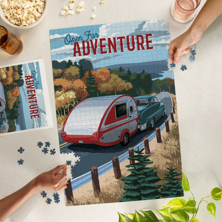 Open for Adventure, Retro Camper on Road, Painterly, Jigsaw Puzzle Puzzle Lantern Press 