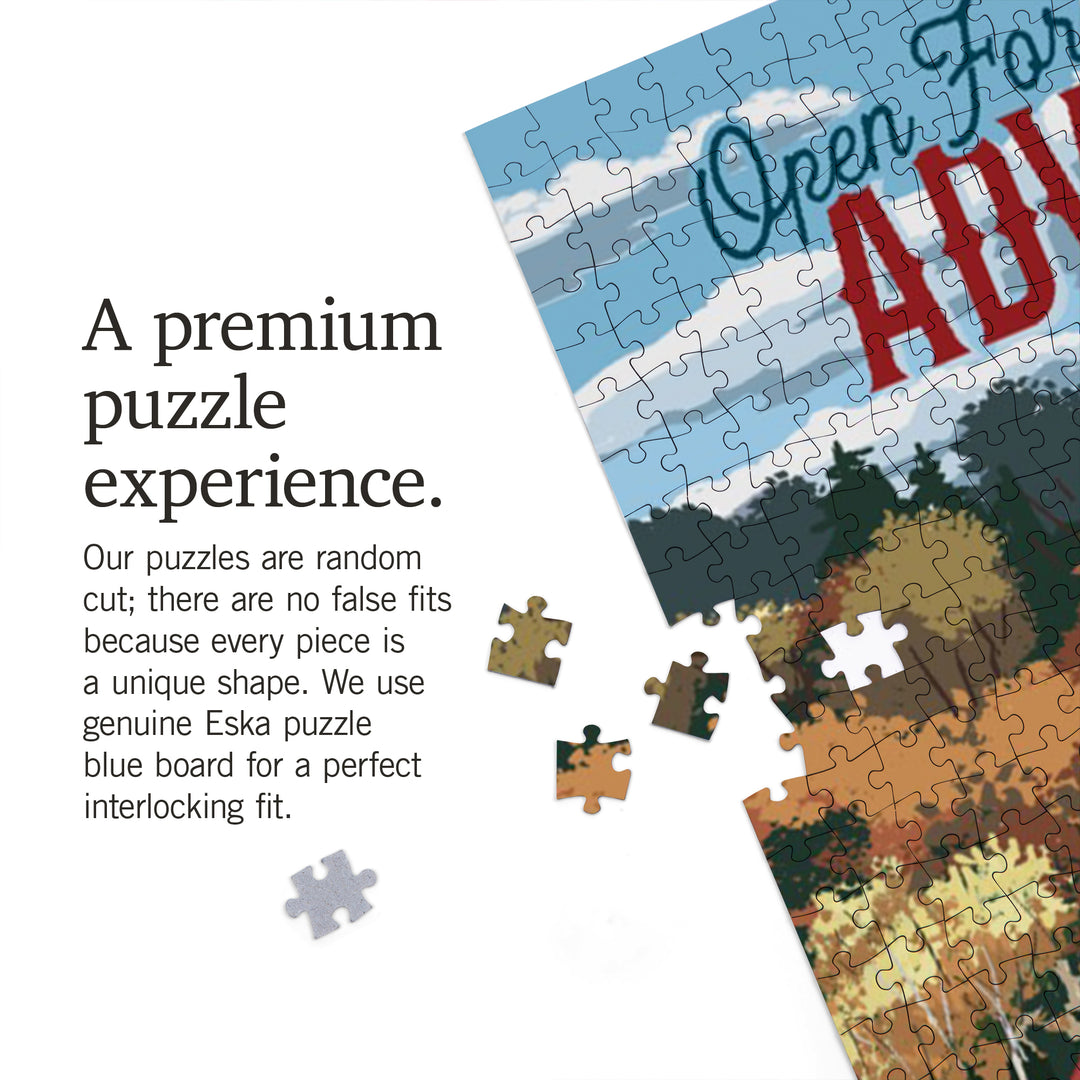 Open for Adventure, Retro Camper on Road, Painterly, Jigsaw Puzzle Puzzle Lantern Press 