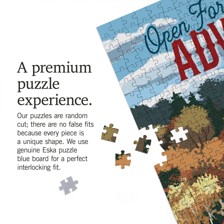 Open for Adventure, Retro Camper on Road, Painterly, Jigsaw Puzzle Puzzle Lantern Press 