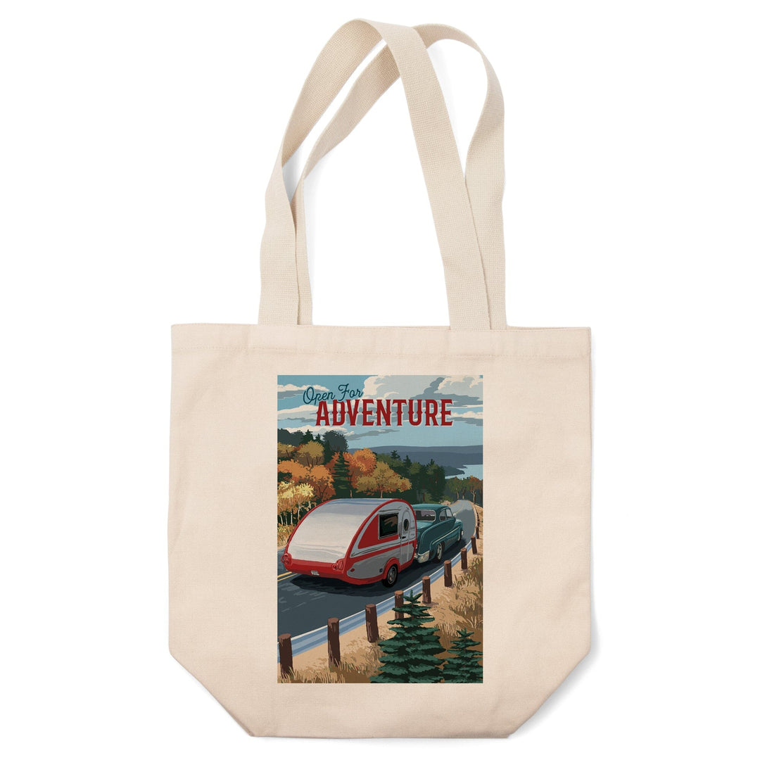 Open for Adventure, Retro Camper on Road, Painterly, Tote Bag Totes Lantern Press 