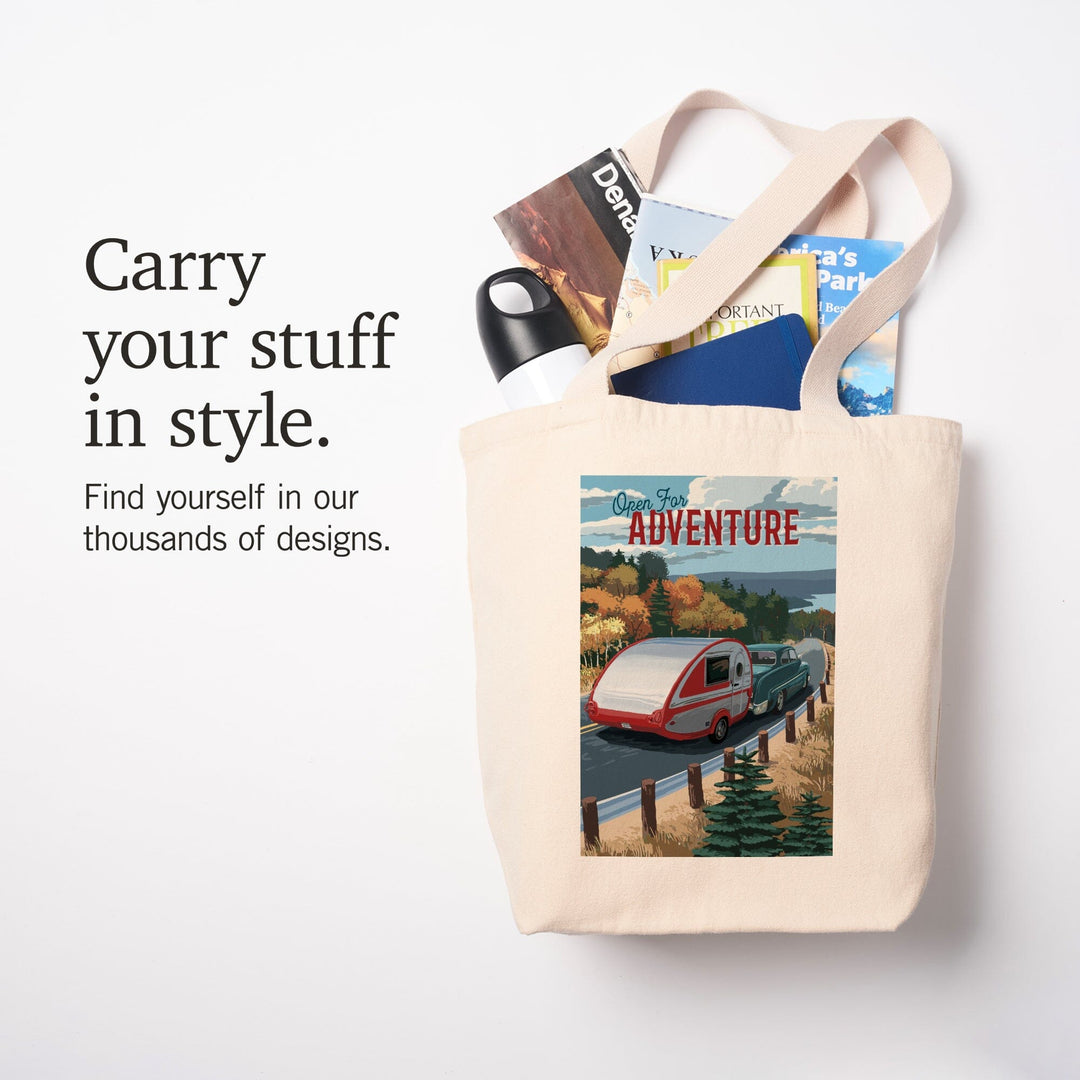 Open for Adventure, Retro Camper on Road, Painterly, Tote Bag Totes Lantern Press 