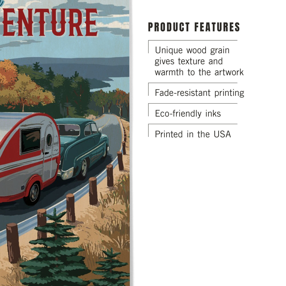 Open for Adventure, Retro Camper on Road, Painterly, Wood Signs and Postcards Wood Lantern Press 