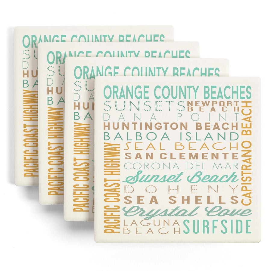 Orange County Beaches, California, Typography, Lantern Press Artwork, Coaster Set Coasters Lantern Press 