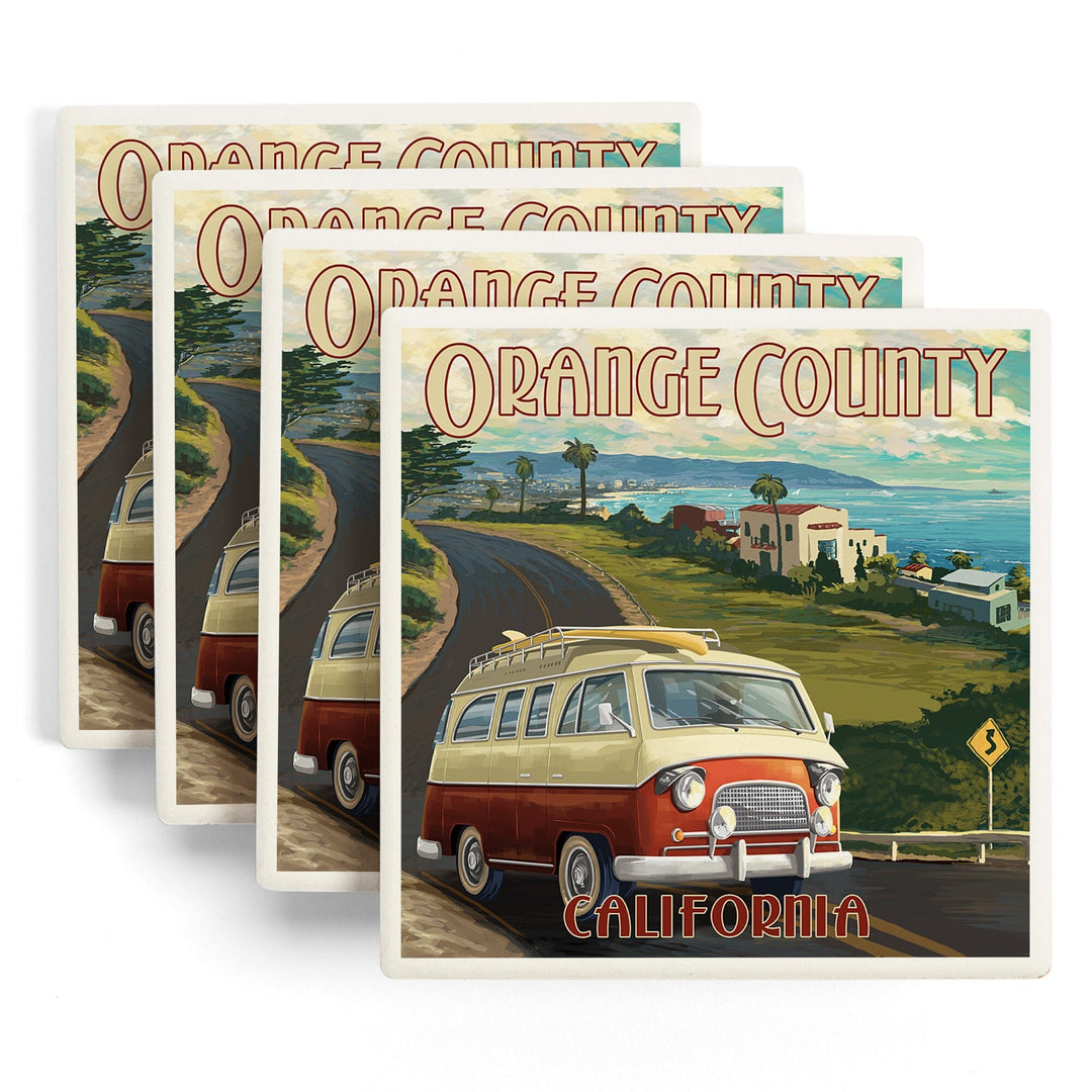 Orange County, California, Camper Van, Lantern Press Artwork, Coaster Set Coasters Lantern Press 