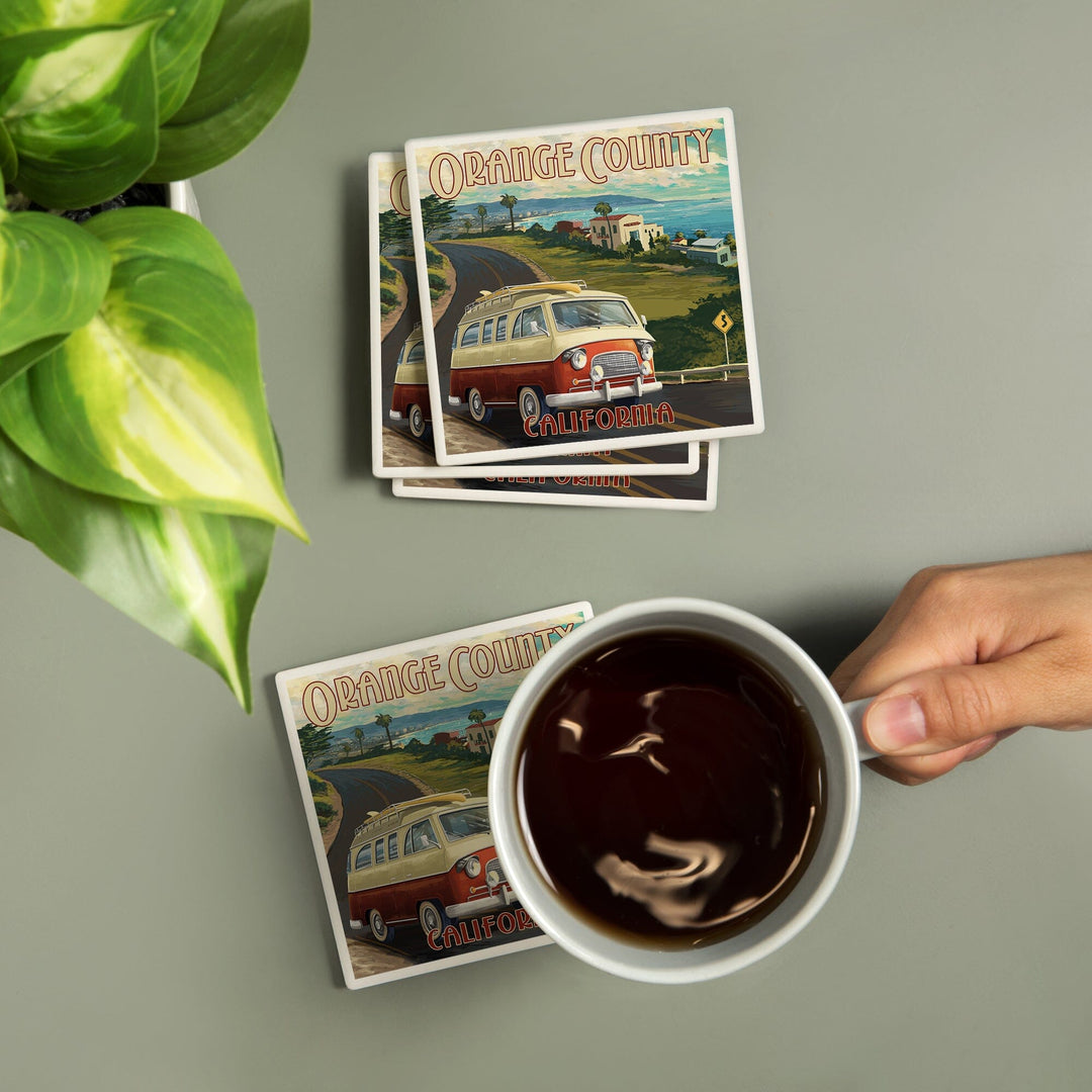 Orange County, California, Camper Van, Lantern Press Artwork, Coaster Set Coasters Lantern Press 