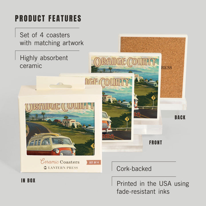 Orange County, California, Camper Van, Lantern Press Artwork, Coaster Set Coasters Lantern Press 