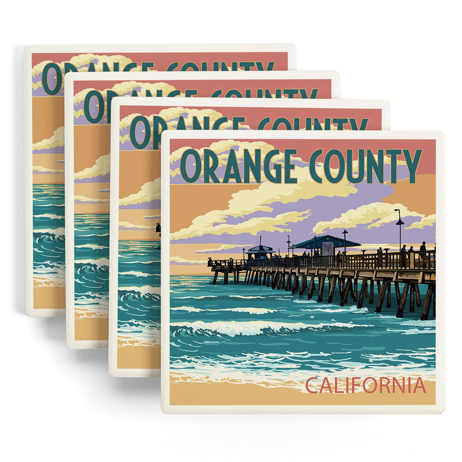 Orange County, California, Pier and Sunset, Lantern Press Artwork, Coaster Set Coasters Lantern Press 