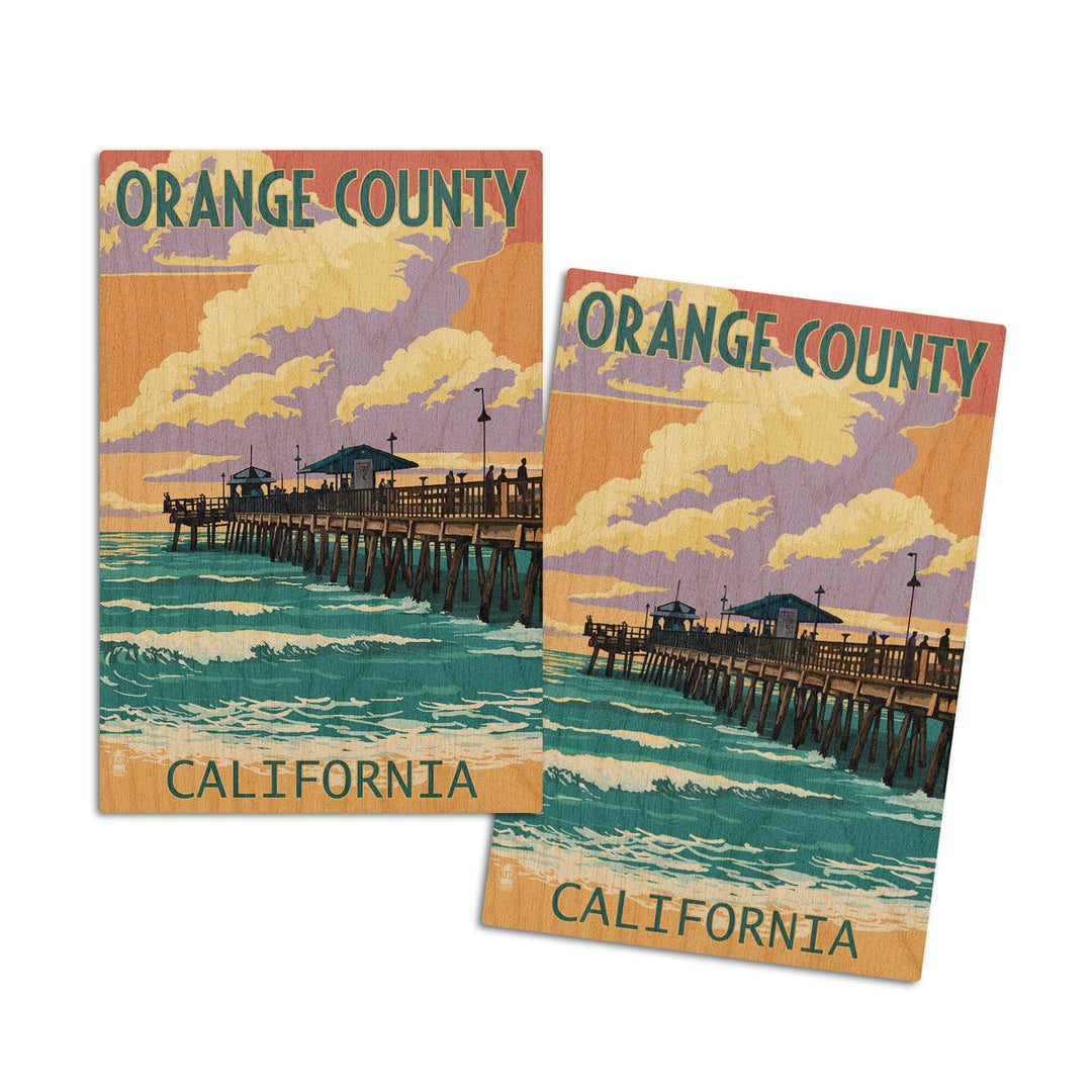 Orange County, California, Pier and Sunset, Lantern Press Artwork, Wood Signs and Postcards Wood Lantern Press 4x6 Wood Postcard Set 