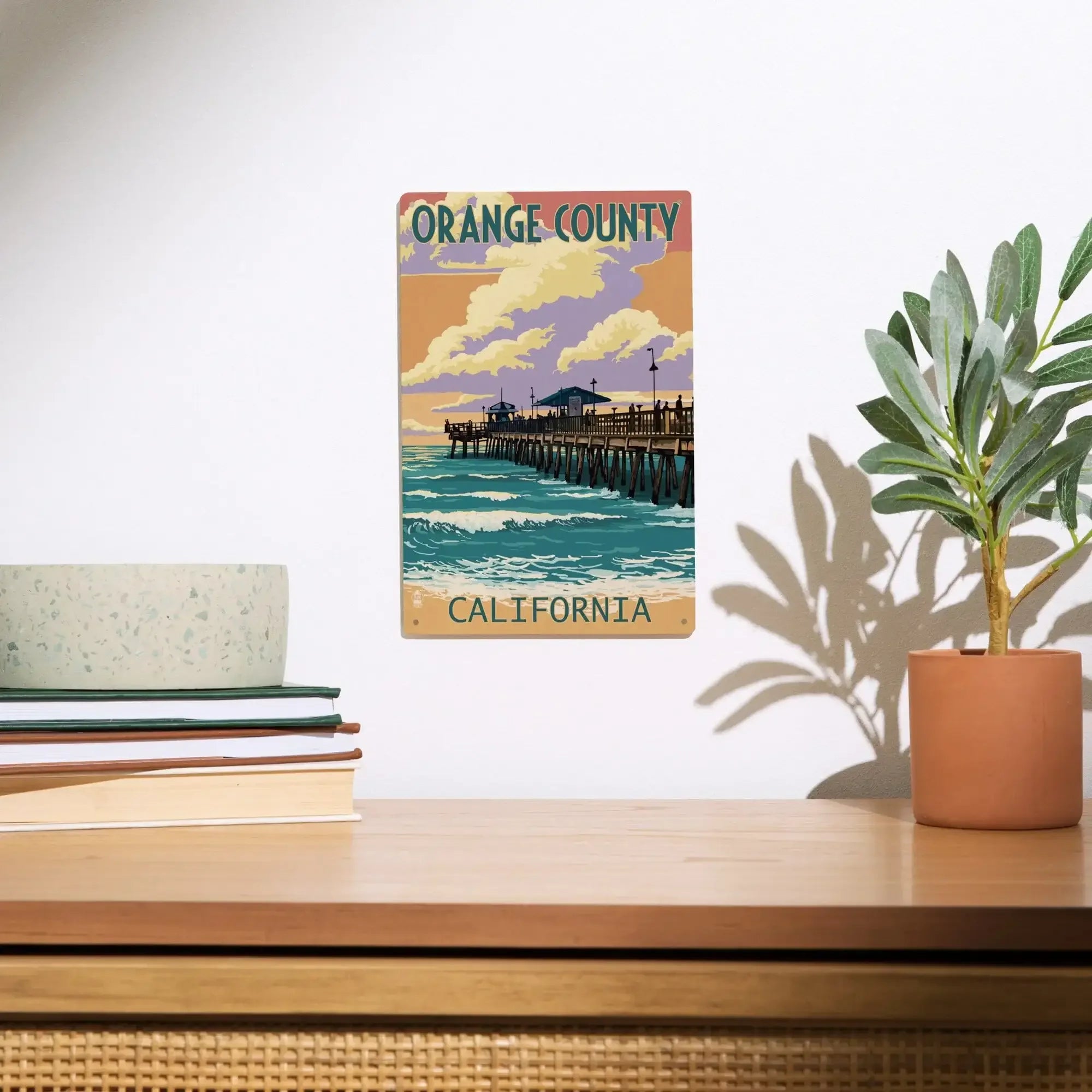 Orange County, California, Pier and Sunset, Lantern Press Artwork, Woo