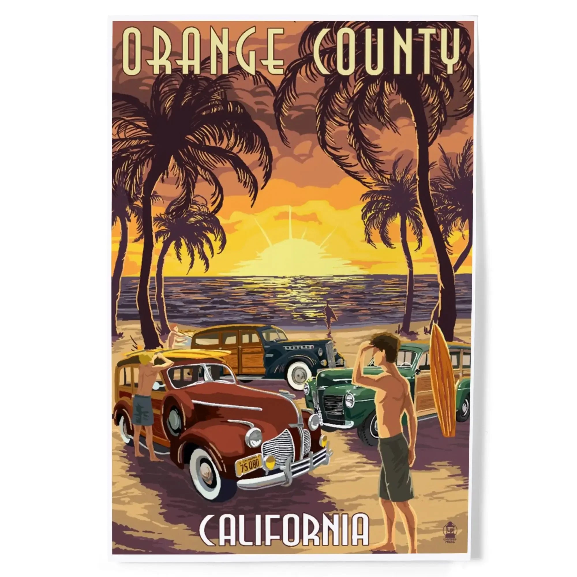 Orange County, California, Woodies and Sunset art prints, metal