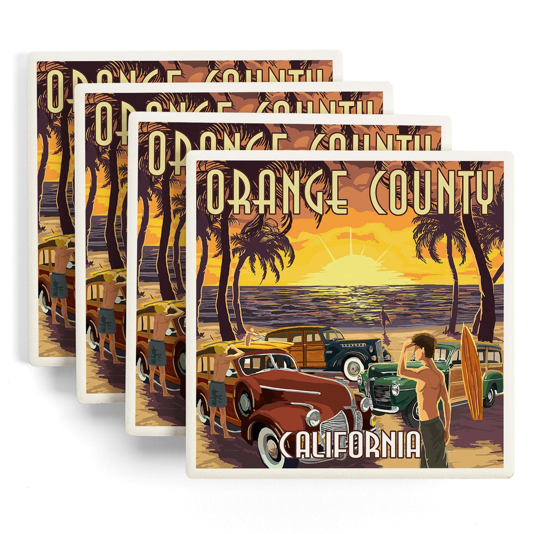 Orange County, California, Woodies & Sunset, Lantern Press Artwork, Coaster Set Coasters Lantern Press 