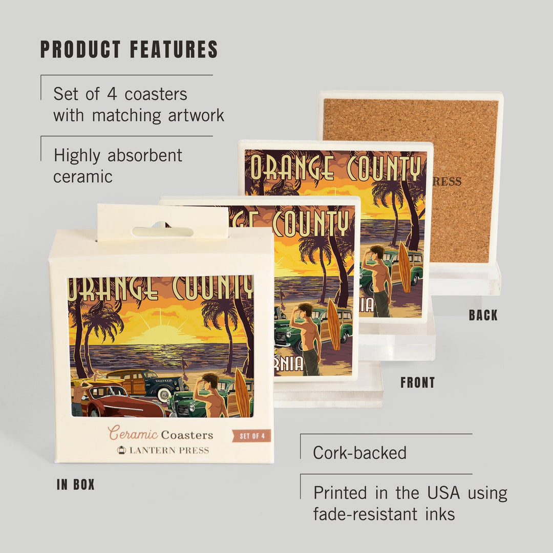 Orange County, California, Woodies & Sunset, Lantern Press Artwork, Coaster Set Coasters Lantern Press 