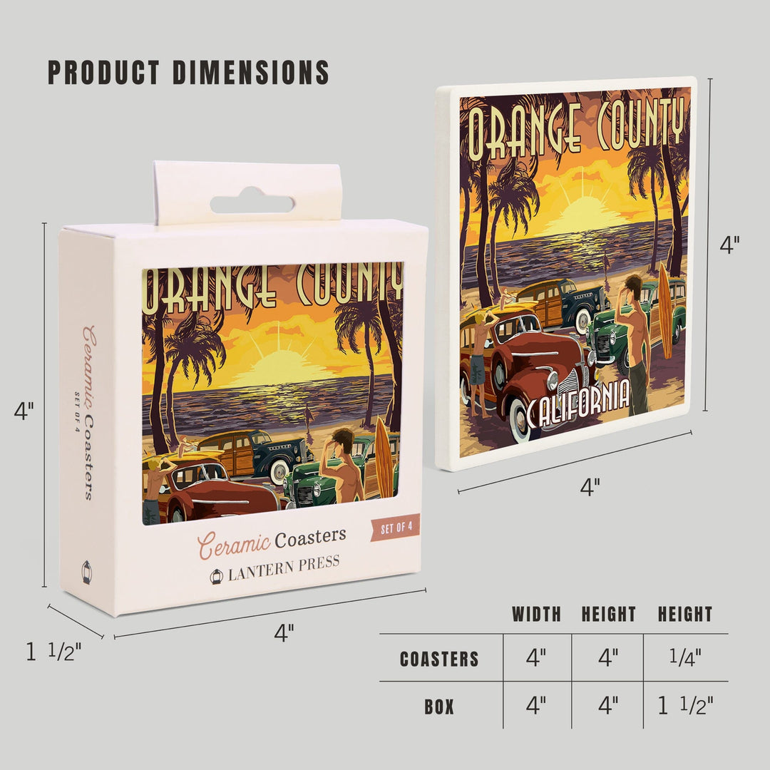 Orange County, California, Woodies & Sunset, Lantern Press Artwork, Coaster Set Coasters Lantern Press 