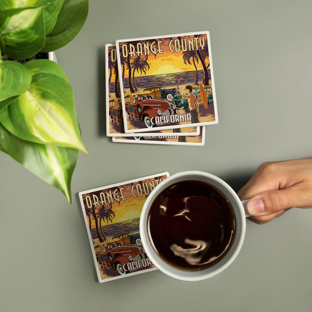 Orange County, California, Woodies & Sunset, Lantern Press Artwork, Coaster Set Coasters Lantern Press 