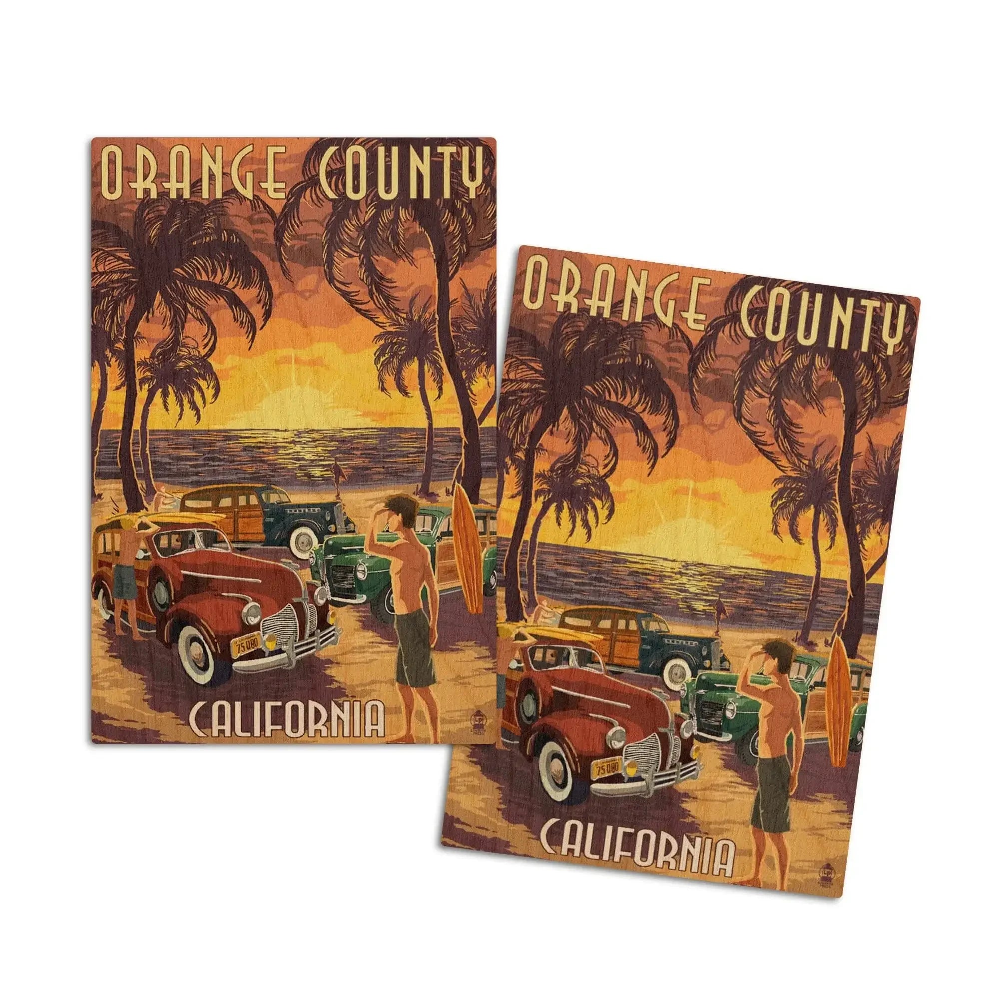 Orange County, California, Woodies & Sunset, Lantern Press Artwork, Wo