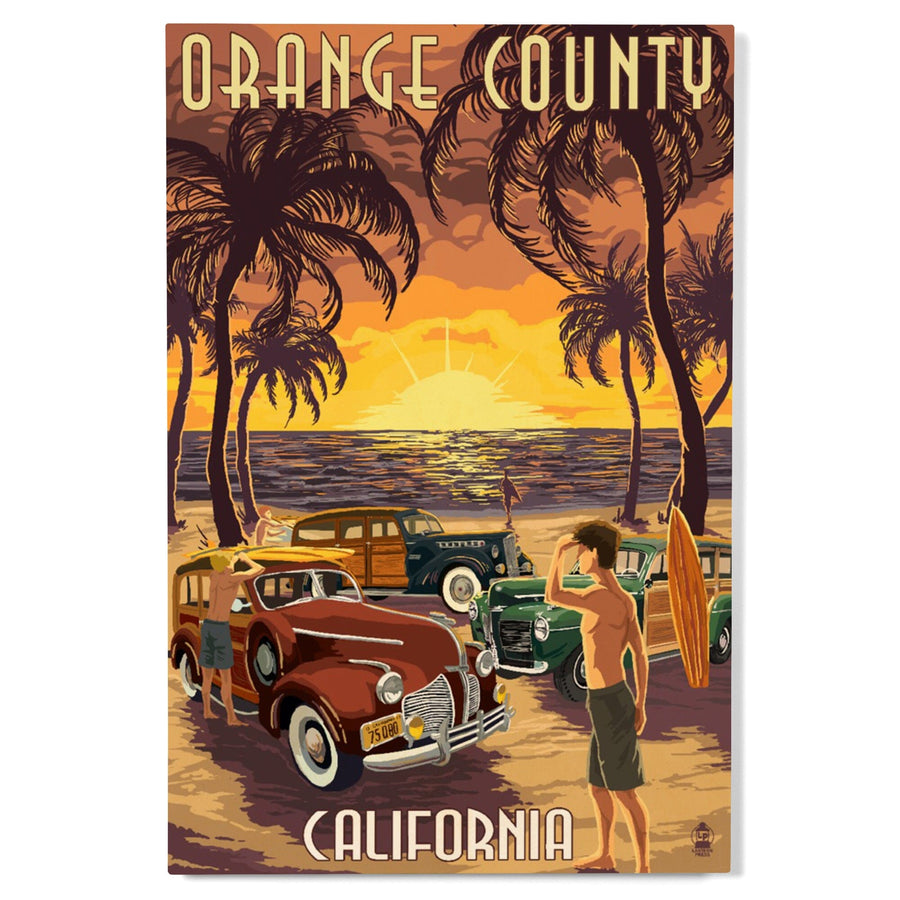 Orange County, California, Woodies & Sunset, Lantern Press Artwork, Wood Signs and Postcards Wood Lantern Press 