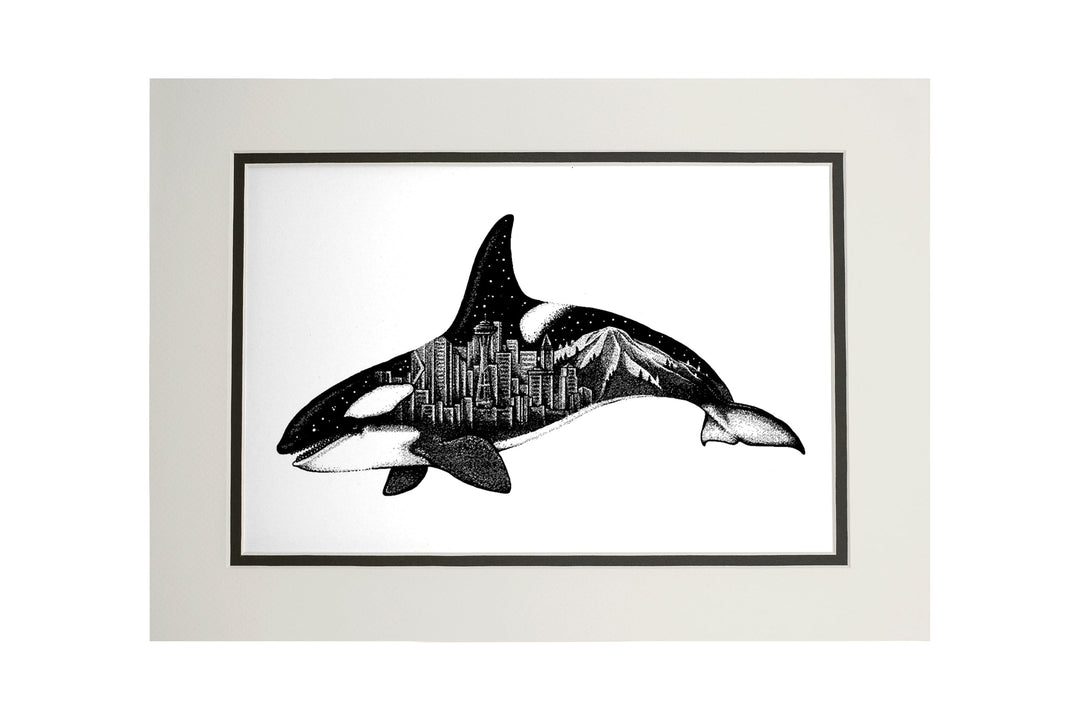 Orca and Seattle Skyline, Double Exposure, Art & Giclee Prints Art Lantern Press 11 x 14 Matted Art Print 