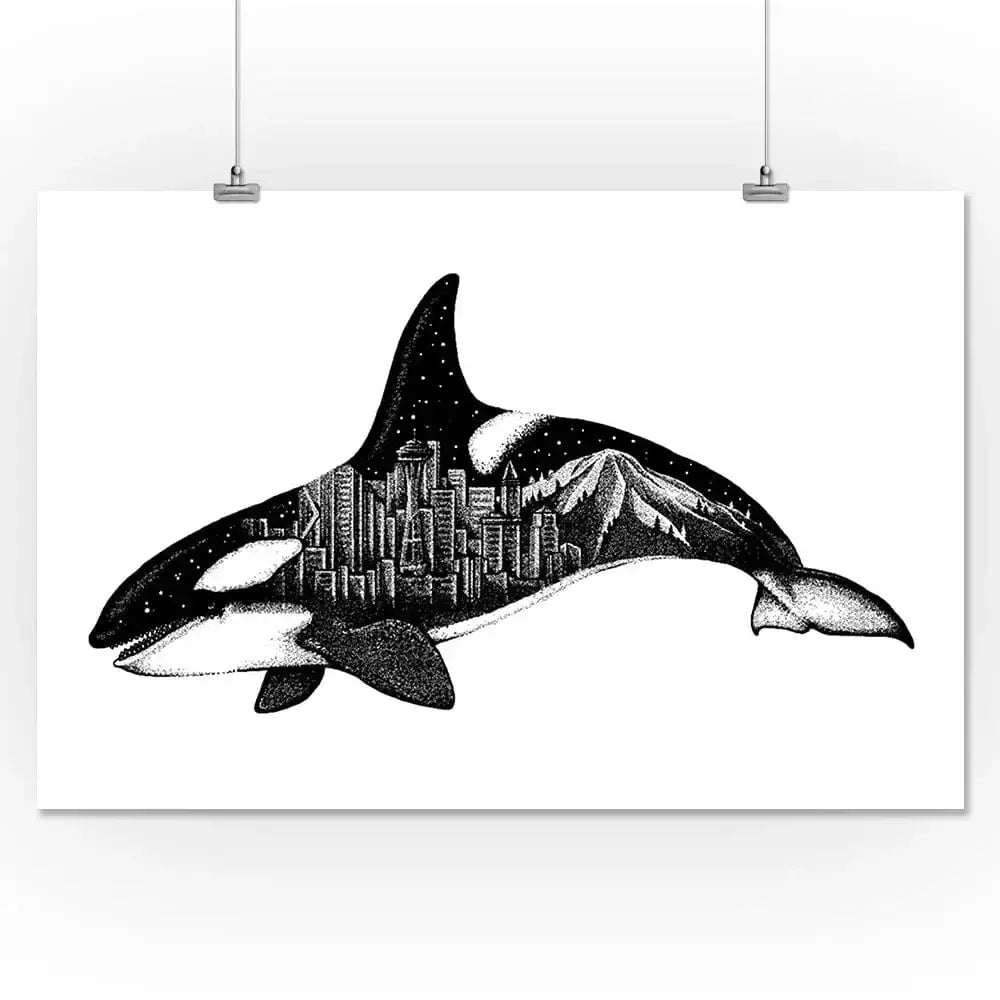 Orca and Seattle Skyline, Double Exposure art prints, metal signs