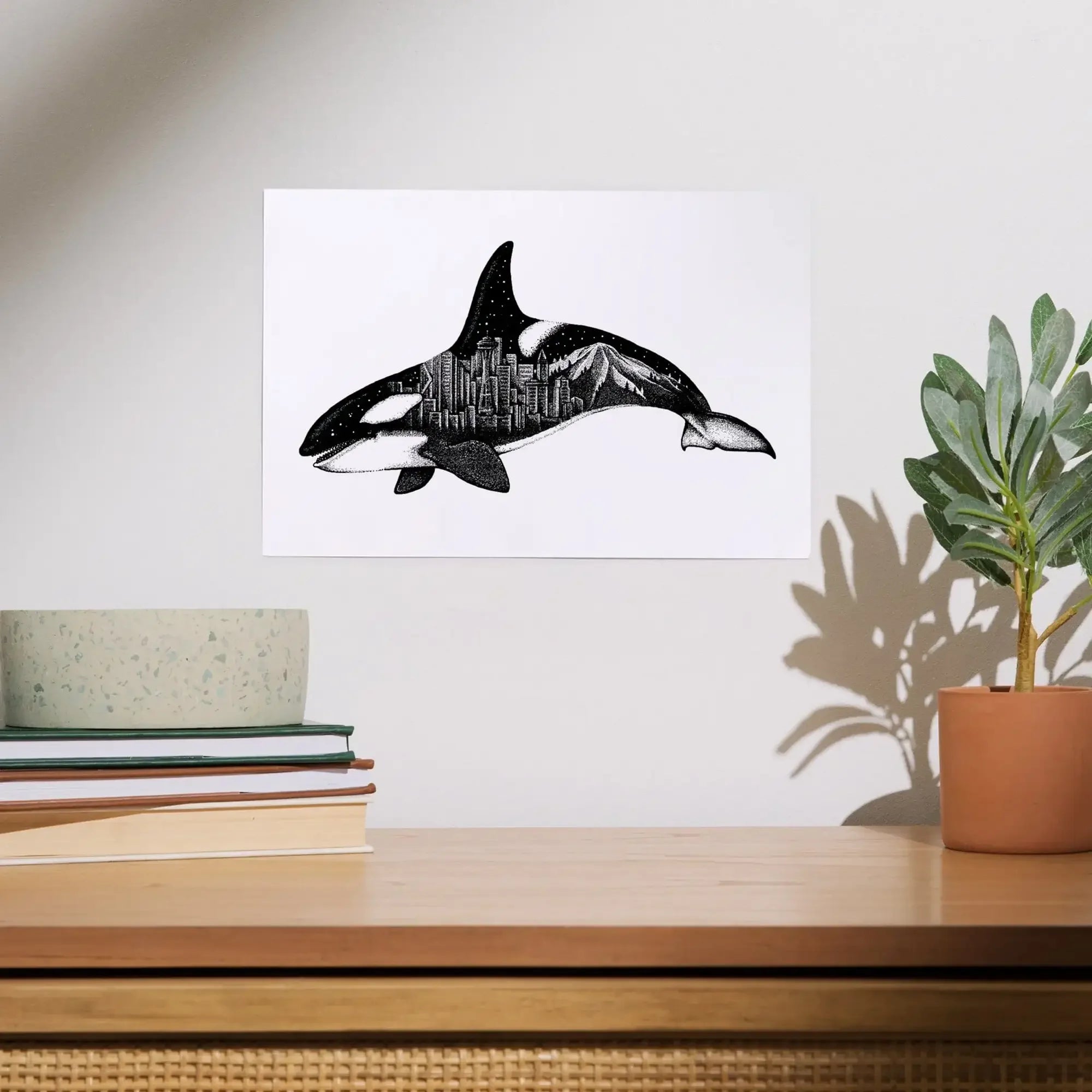 Orca and Seattle Skyline, Double Exposure art prints, metal signs