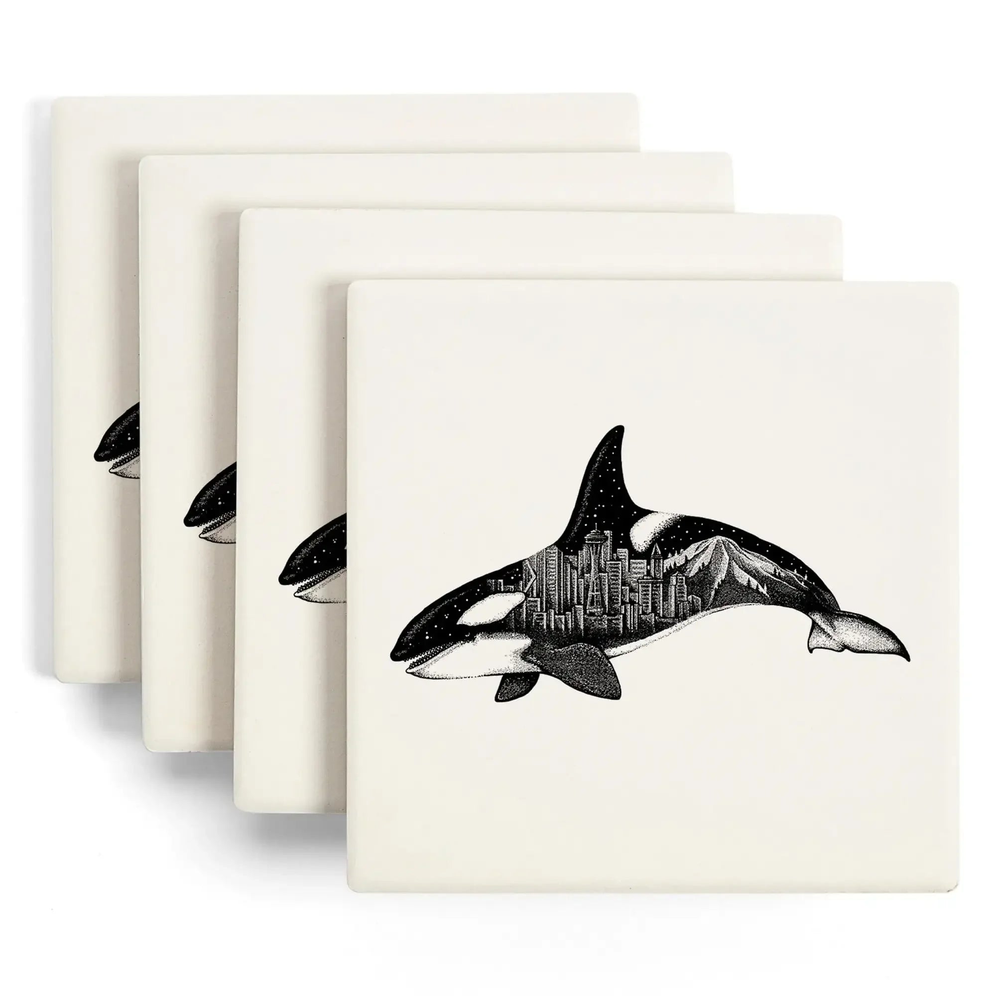 Orca and Seattle Skyline, Double Exposure ceramic coaster set