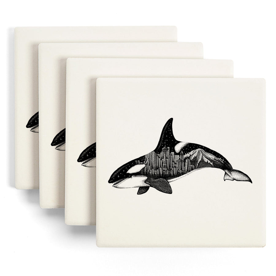Orca and Seattle Skyline, Double Exposure, Coasters Coasters Lantern Press 