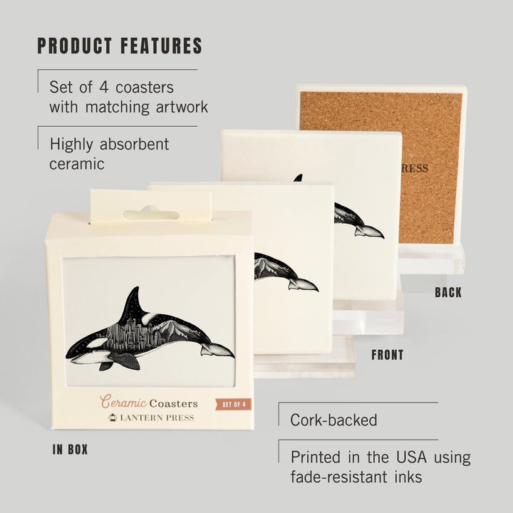 Orca and Seattle Skyline, Double Exposure, Coasters Coasters Lantern Press 