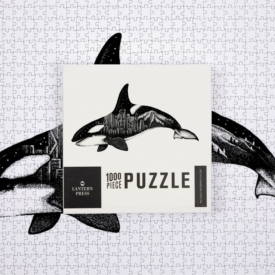 Orca and Seattle Skyline, Double Exposure, Jigsaw Puzzle Puzzle Lantern Press 