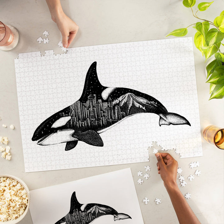 Orca and Seattle Skyline, Double Exposure, Jigsaw Puzzle Puzzle Lantern Press 