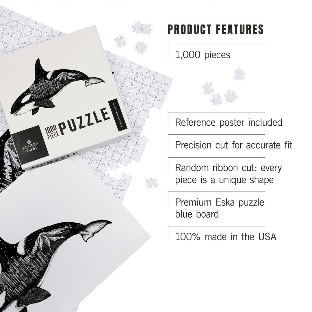 Orca and Seattle Skyline, Double Exposure, Jigsaw Puzzle Puzzle Lantern Press 