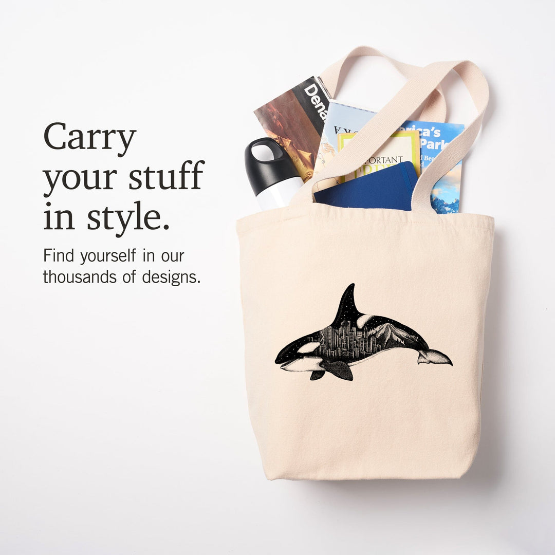 Orca and Seattle Skyline, Double Exposure, Lantern Press Artwork, Tote Bag Totes Lantern Press 