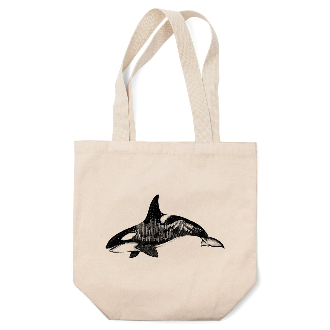 Orca and Seattle Skyline, Double Exposure, Lantern Press Artwork, Tote Bag Totes Lantern Press 