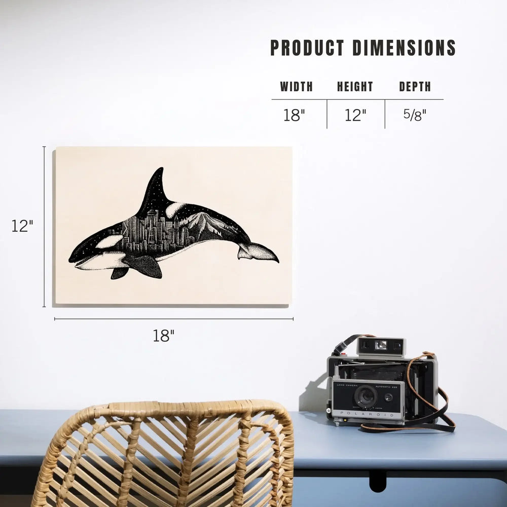 Orca and Seattle Skyline, Double Exposure, Lantern Press Artwork, Wood Signs and Postcards Wood Lantern Press 